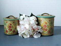 .Pair of Floral Tin Canisters - Vintage - Turquoise and Pink