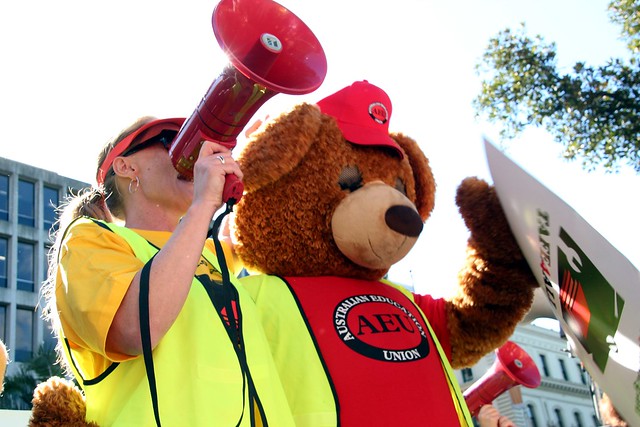 The bear says no to the cuts - TAFE teachers and students rally outside Premier Baillieu's office
