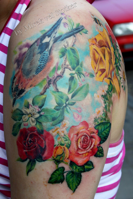 jay bird with flowers tattoo by MIrek vel Stotker