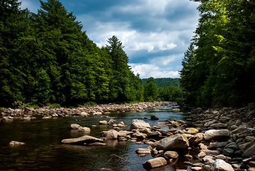 river rocks trees water clouds sky day landscape stream