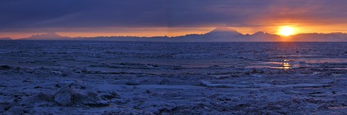 South Central Alaska Sea Ice Sunset, Over Cook Inlet, Iliamna & Redoubt Volcanoes, Kenai Peninsula Borough, Alaska by DavidBroome, 