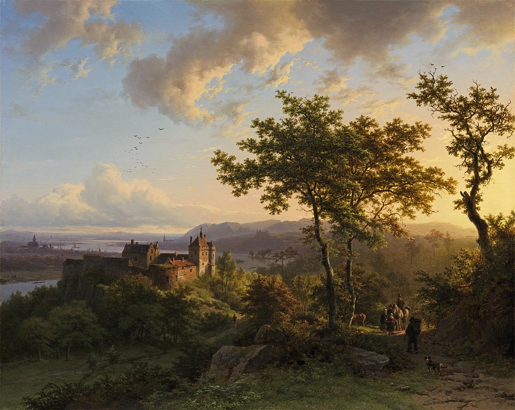 View of a brook in the countryside, a castle in the hillside above, with  Pâris and Oenone in the foreground, Master Paintings Part II, 2021