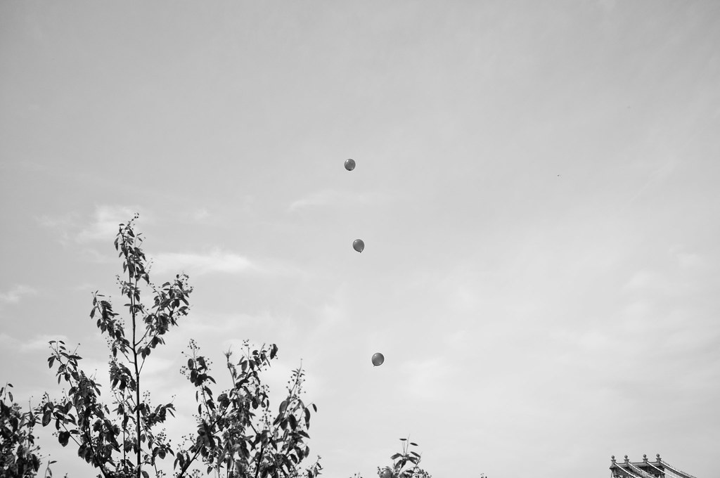 Three balloons drifting high up into an overcast sky above tree tops and a bridge tower finial.