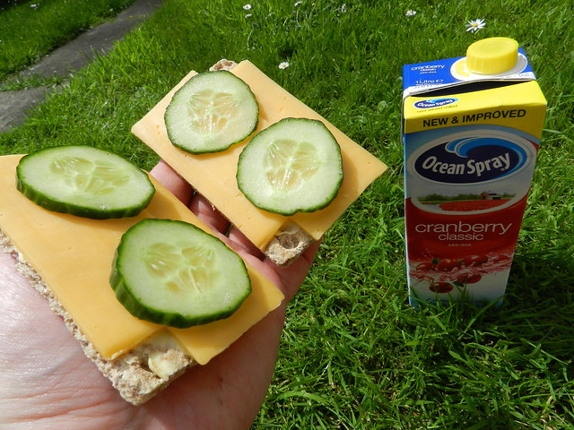 Ryvita with cheese and cucumber, Ocean Spray cranberry juice