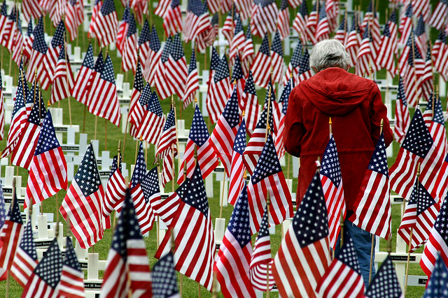 a person walks among flag-decorated gravemarkers
