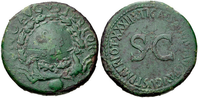 Divus Augustus. Died AD 14. Æ Sestertius (35mm, 25.82 g, 1h). Rome mint. Struck under Tiberius, AD 36-37. Shield inscribed OB.CIVIS/ SER in three lines within oak wreath, the whole supported by two capricorns; globe below / Legend around large S C.