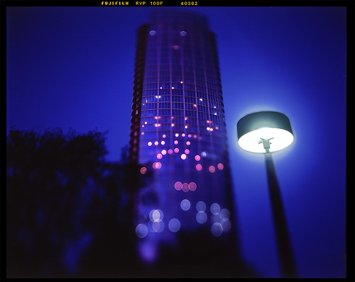 film night dallas downtown shift slidefilm velvia 4x5 rise tilt fujichrome largeformat movements 100f museumtower