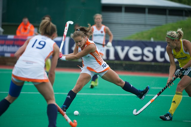 Kelly Jonker of the Neatherlands strikes the first goal of the Semi Final against South Africa