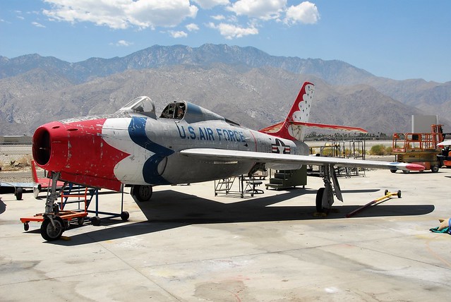 F-84F Thunderstreak (51-9531) Thunderbirds colours. ex USAF. Restoration area, Palm Springs Air-Museum, California. 01-06-2016.