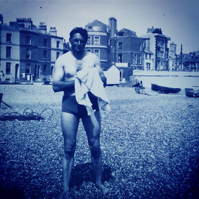 Vintage Photo 1940s Muscular Shirtless Man On Beach In Speedo Swimsuit