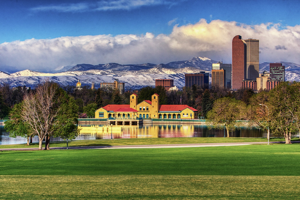 City Park Pavilion In Front Of The Rockies And Denver Skyline.