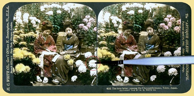 EXTREMELY FINE JAPANESE COLORISTS' BRUSH on a FINISHED STEREOVIEW