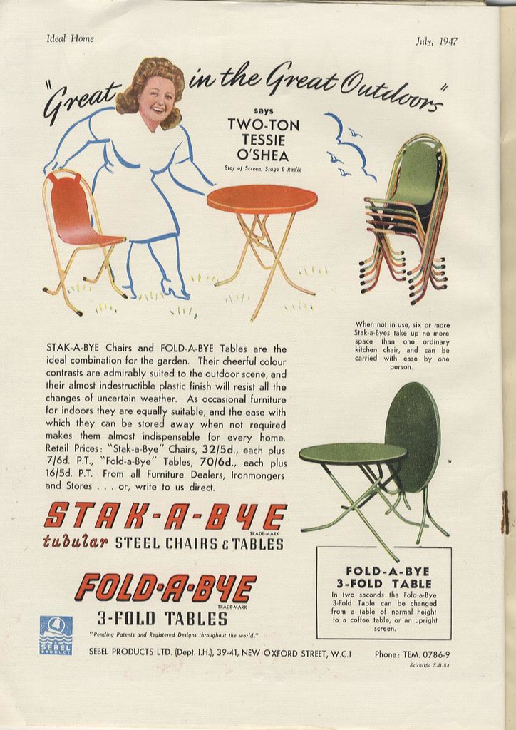 Sebel Products "Stak-a-bye" tubular steel furniture - "Great in the great outdoors" says Two-Ton Tessie O'Shea - advert, 1947