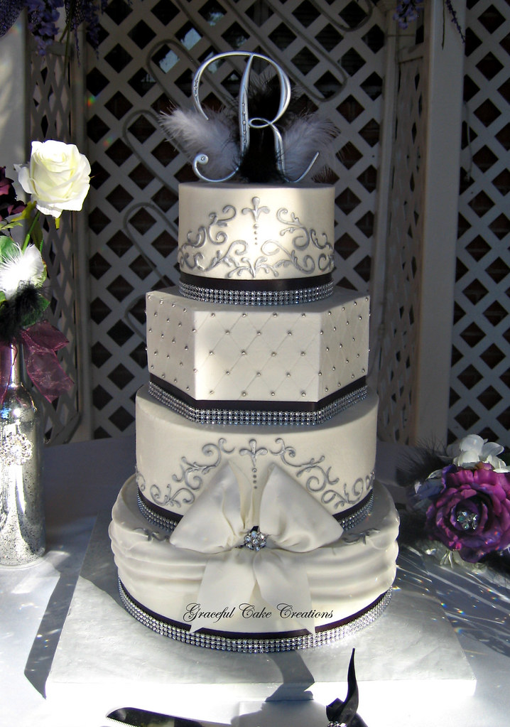 Elegant Black , White and Silver Buttercream Wedding Cake with Bling