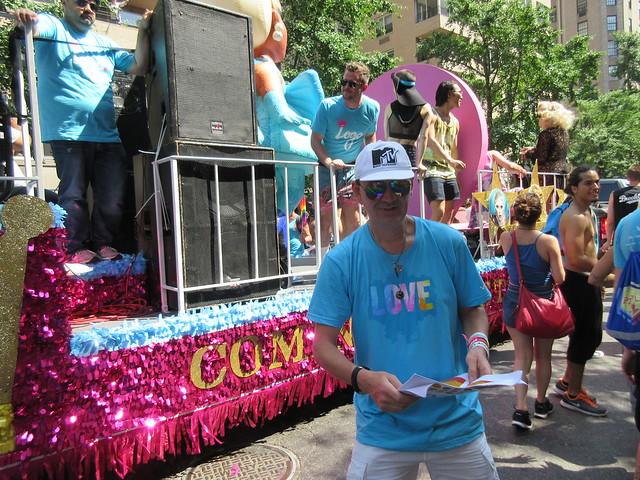 Ryan Janek Wolowski marching with the RuPaul's All Stars Drag Race (season 2) Logo TV float with Tatianna and Roxxxy Andrews in NYC Pride, The March, New York City, USA 2016