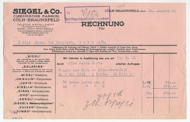 Rechnung Schuhputz 1921 Köln