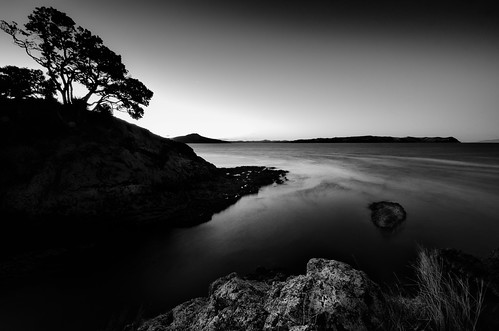 longexposure sunset newzealand blackandwhite seascape tree water silhouette rock bay coast nikon waterfront auckland northisland bluehour clevedon nd110 kawakawabay