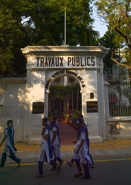 Group Of Women Passing In Front Of The Public Works Departement Office Of Pondicherry In An Old Colonial House Travaux Public, India