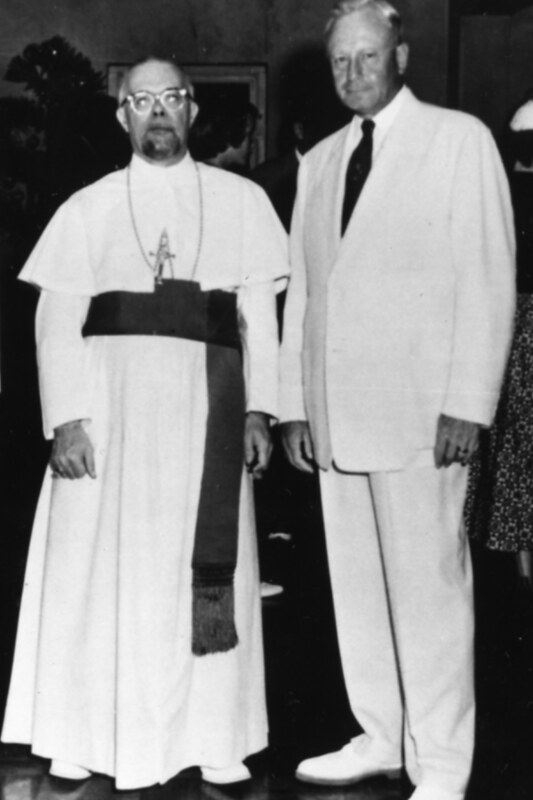 Governor Ford Elvidge, who served as Governor of Guam from 1953 – 1956, and Bishop Apollinaris W. Baumgartner. Elvidge’s administration was defined by his efforts to reduce government spending and improving the territory’s medical facilities and school system. Courtesy of the Micronesian Area Research Center (MARC).