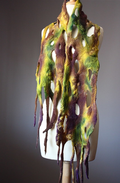 Nuno Felted scarf Wool silk whimsical Yellow / Green purple / Brown textured nunofelting by VitalTemptation