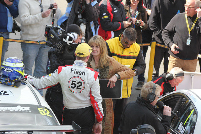 Gordon Sheddon inteviewed by ITV's Louise Goodman after his win in BTCC at Donington Park in April 2012