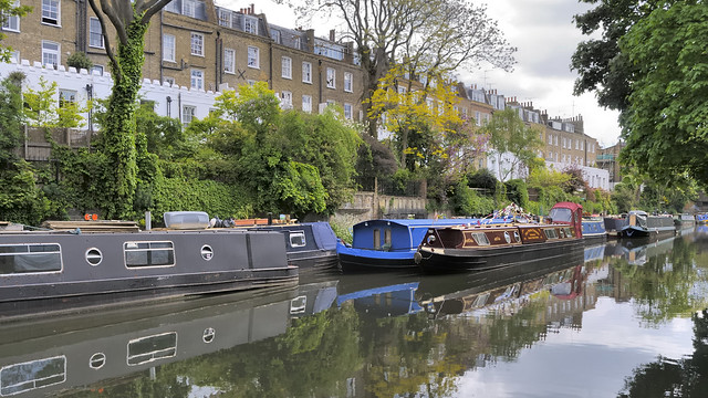 Residential canal boats and terraces - Regent's Canal, Islington, London N1.