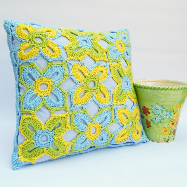 Bright spring crochet cushion