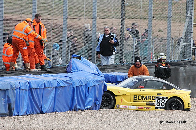 A crash in the Ginetta Racing at the 2012 BTCC weekend at Donington Park in April 2012