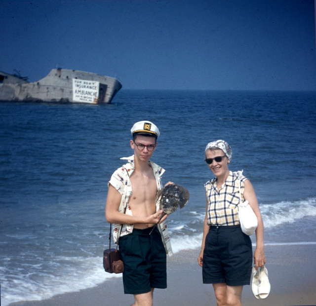 Cape May Point, New Jersey - Concrete ship S. S. Atlantus in background - Circa 1957