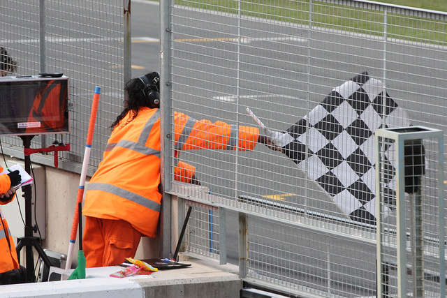 The chequered flag in the second BTCC race at Donington Park in April 2012
