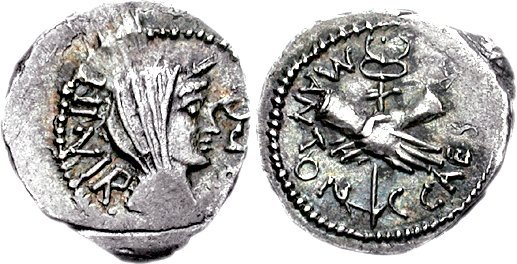 Octavian. 39 BC. AR Quinarius (1.85 g, 5h). Military mint traveling with Octavian in Gaul. Veiled and diademed head of Concordia right / Clasped hands holding upright caduceus. Crawford 529/4b; CRI 304; Sydenham 1195; RSC 67 (Mark Antony)