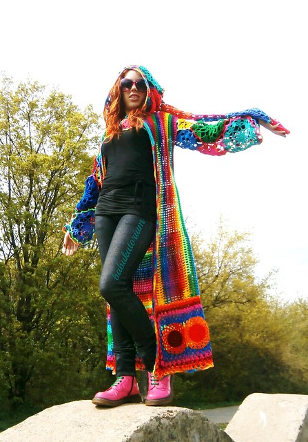 Kaleidocoat - Multicolor Multimotif Striped And Hooded Hippie Crochet Coat