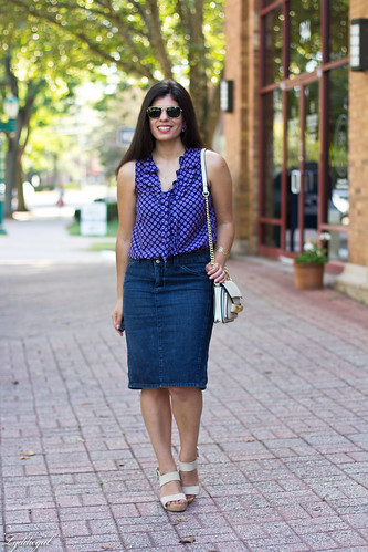 purple printed blouse, denim pencil skirt.jpg | Lydia Abaté | Flickr
