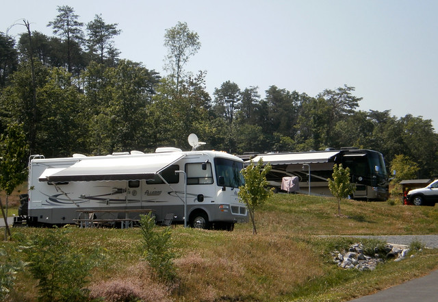 Two long RVs are parked in adjacent campsites with trees lining the backside
