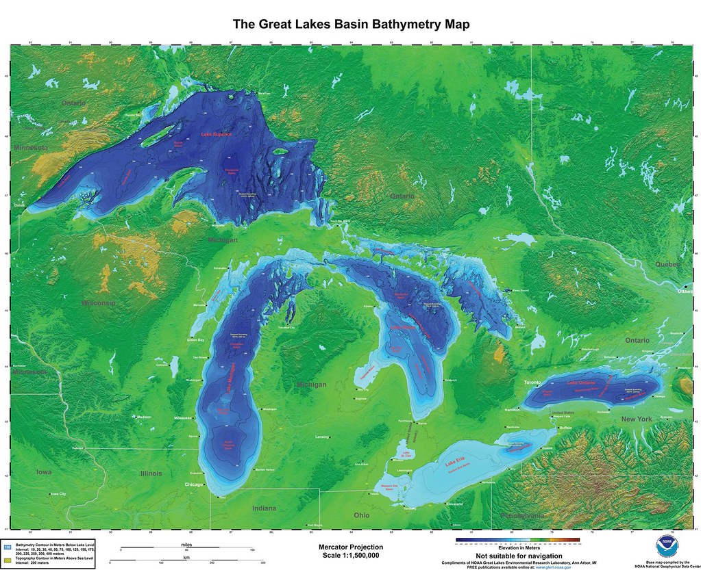 Color bathymetric map of the Great Lakes basin. 