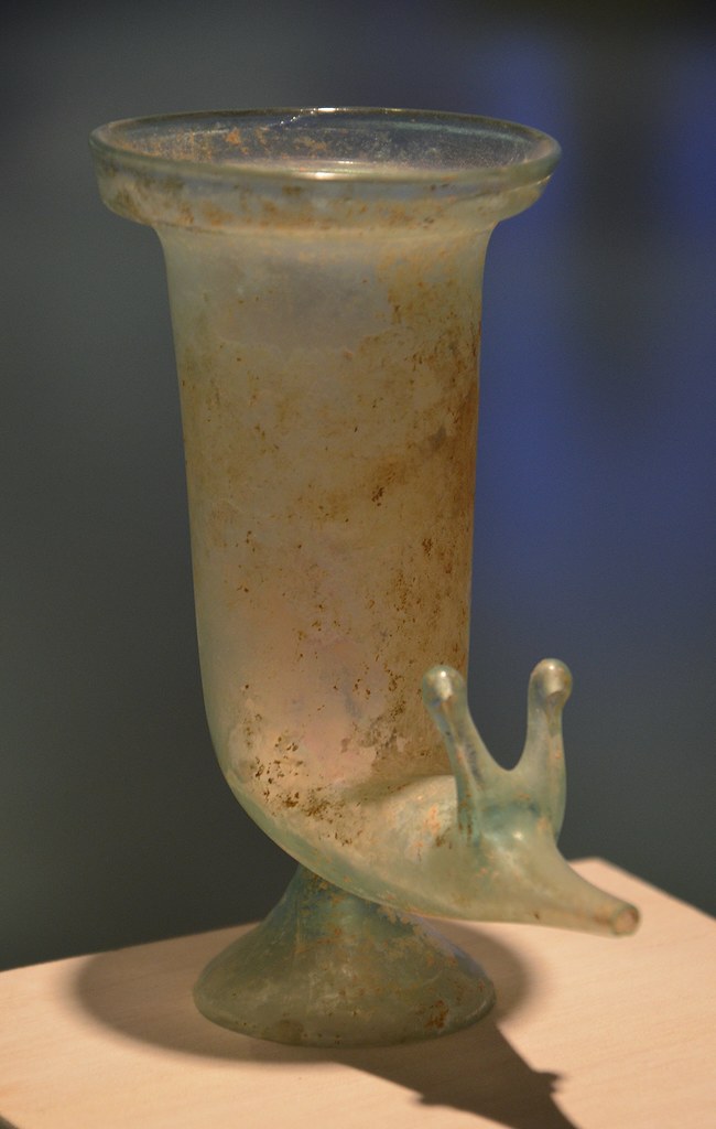 Glass rhyton (drinking horn) in the shape of a snail's head, 1st century AD, Glass pavilion, Eretz Israel Museum, Tel Aviv