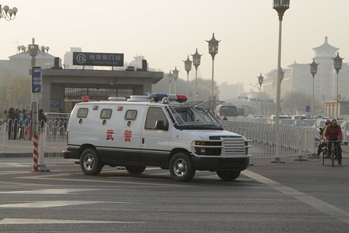 Police truck parked opposite Tiananmen Square