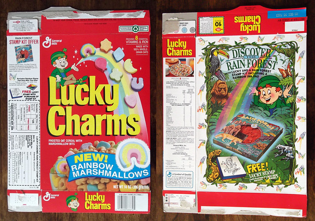 1993 General Mills Lucky Charms NEW Rainbow Marshmallows Cereal Box