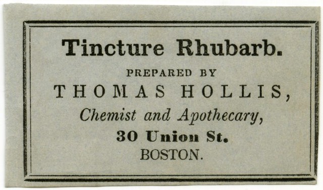 Tincture Rhubarb Label, Thomas Hollis, Boston, Mass.