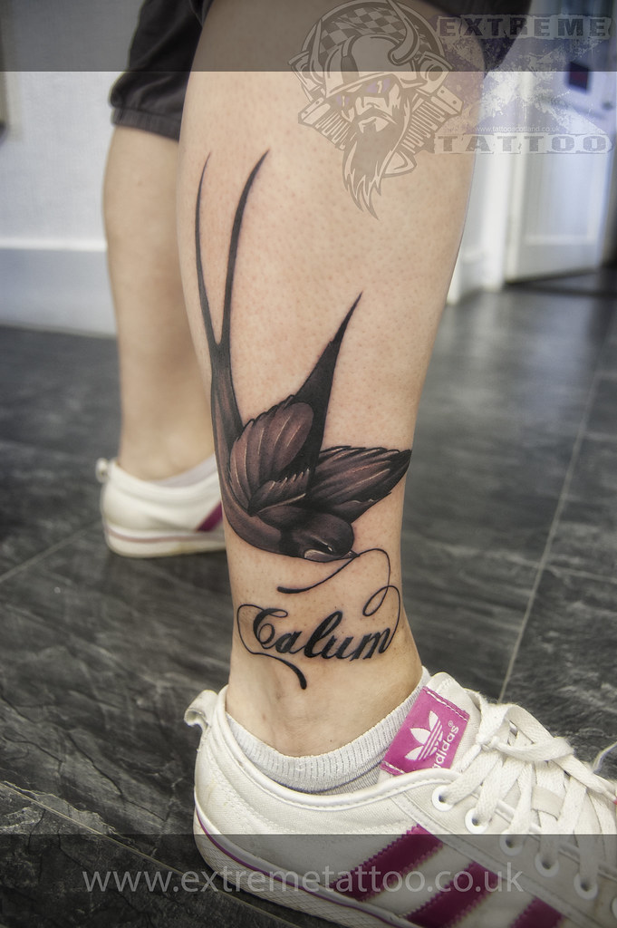 swallow tattoo | Swallow black and grey tattoo on leg | Extreme Tattoo |  Flickr