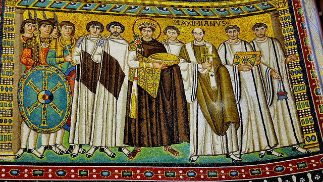 Ravenna - Basilica di San Vitale - Emperor Justinian I retinue mosaic 6thC ..
