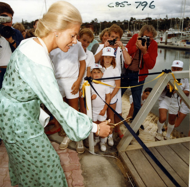 HRH The Duchess of Kent cutting the ribbon at the Royal Queensland Yacht Squadron, April 1985