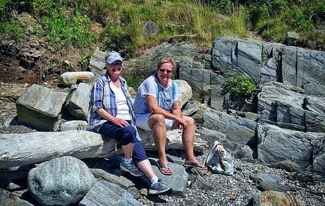 Donna and Joanie getting some sun at Land's End Beach, Bailey Island