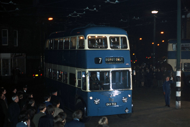 Bradford Trolley 712 enters Duckworth Lane depot at night. Mar'72.