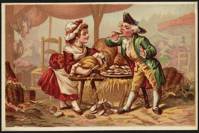 Man and woman dressed in historical costume, man eating oysters. [front]