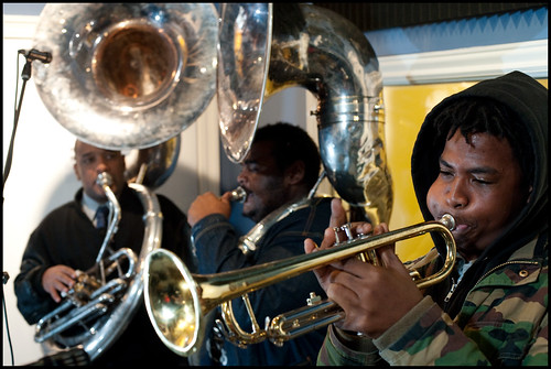 Joseph S Clark Brass Band at WWOZ for Cuttin' Class: bandleader Joe Franklin (tuba), assistant bandleader Steven Carter (tuba), Revert Powell (trumpet)  Photo by Ryan Hodgson-Rigsbee www.rhrphoto.com