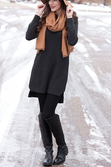 Tall Black Boots, Tunic Sweater, Neutral Winter Outfit