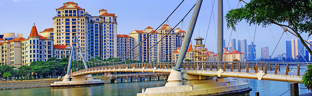 Pebble Bay & Tanjong Rhu Suspended Bridge by day overlooking the Cityscape
