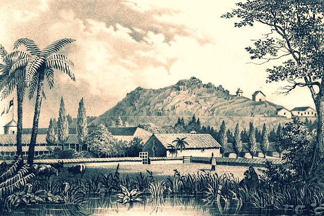 1850, el observatorio de la expedición Gilliss en el Cerro Santa Lucía, vista desde la actual FAU Marcoleta con Portugal,  La Comision arribó a Chile el 25 de Octubre de 1849
