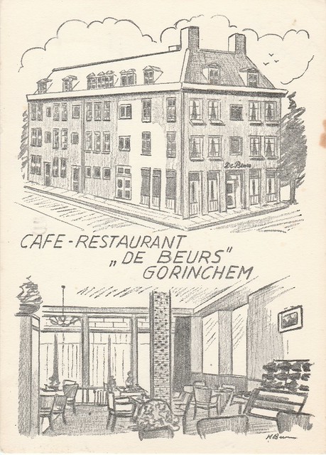 Ansichtkaart met tekening Cafe Restaurant De Beurs Hoogstraat 25 1958